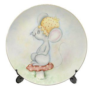 Hand Painted Plate Ceramic Mouse w Bonnet Sitting on Mushroom Artist Signed 10"